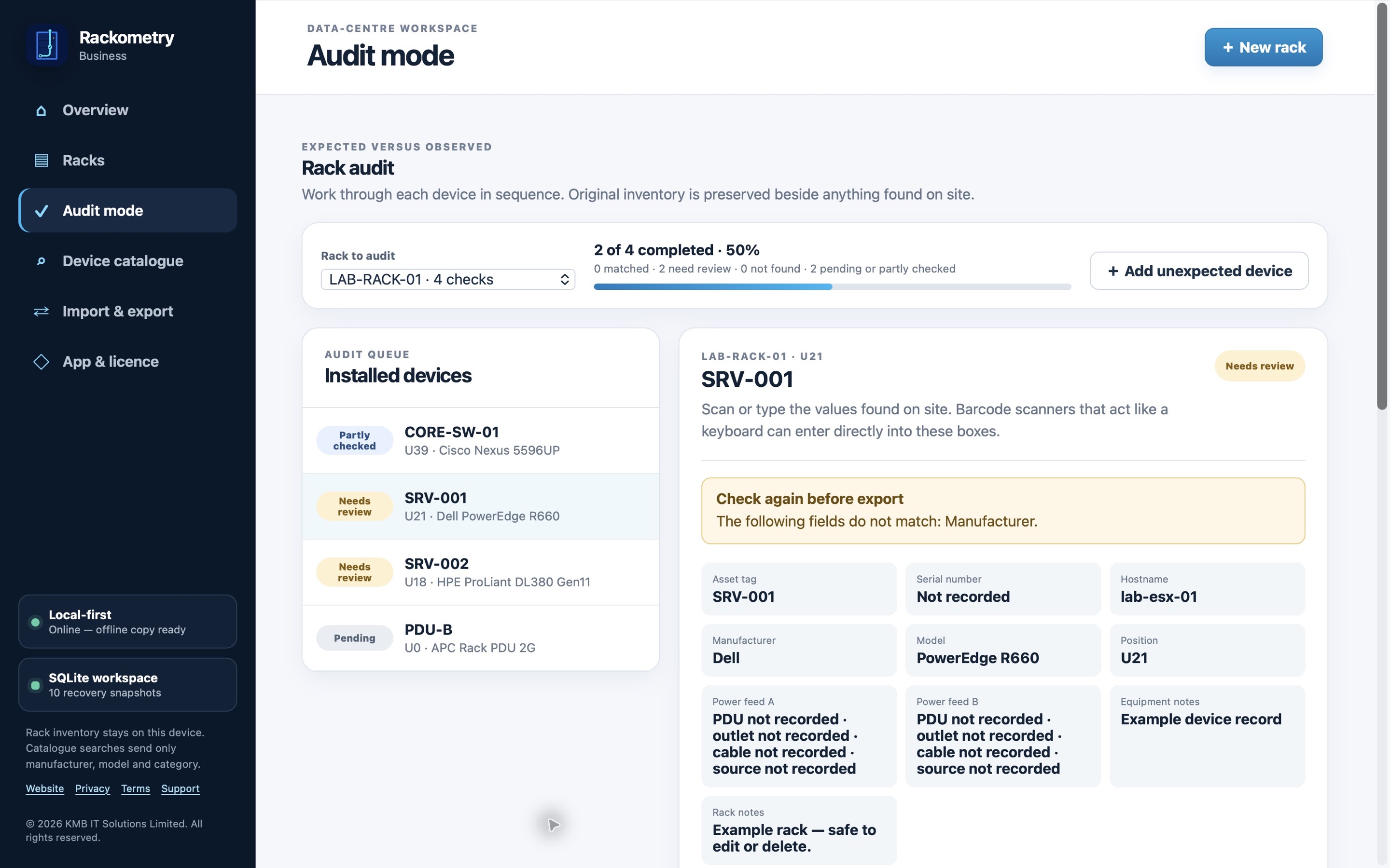 Rackometry Business audit mode showing an example rack, device checklist and discrepancy to review