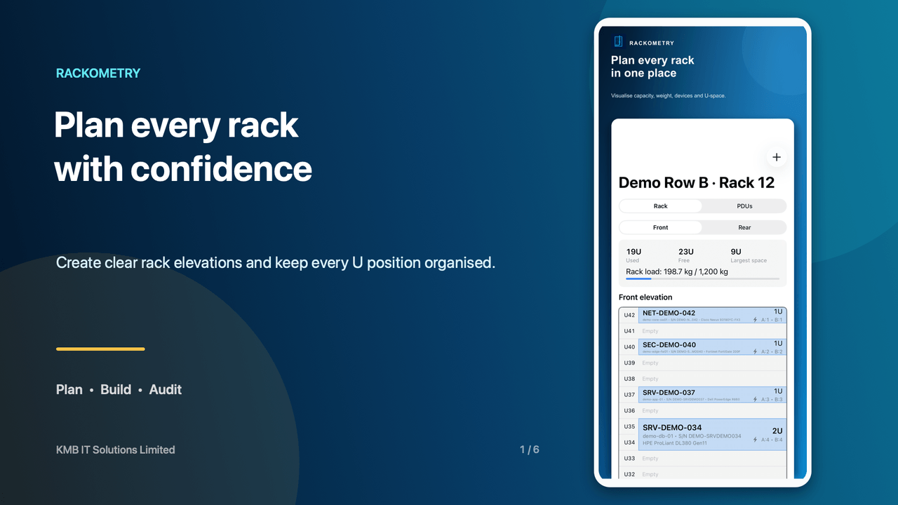 Animated overview showing a technician using Rackometry to capture, verify and export rack information