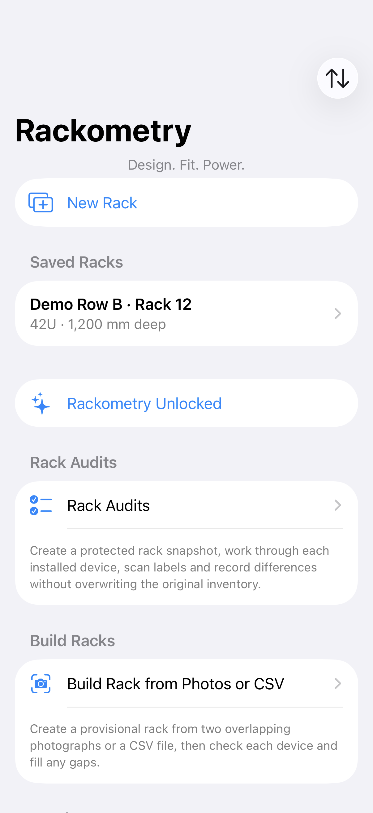 Rackometry iPhone home screen with a demonstration rack and the rack-audit and photo-building options